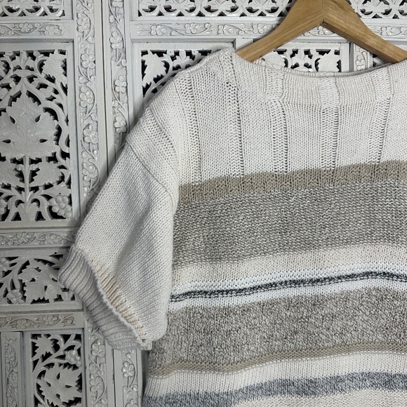Vintage Liz Claiborne Neutral Earthy Chunky Knit Striped Short Sleeve Sweater - Picture 4 of 6